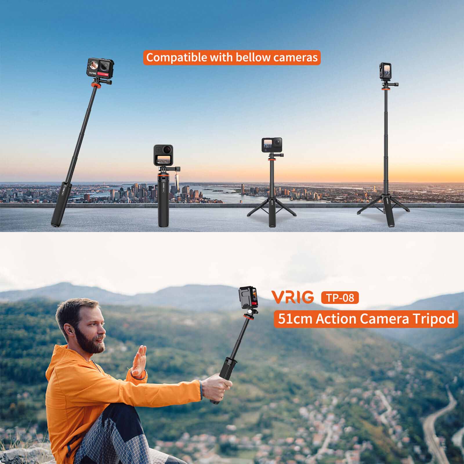 VRIG TP-08 Portable Selfie Stick Handheld Tripod Stand For GoPro Hero 12/11/10/9, For Vlog Live Streaming Selfie Video Recording