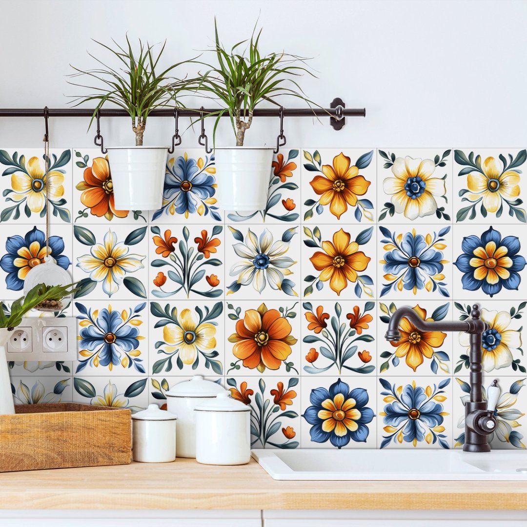 30 Pcs Tile Wall Sticker Kitchen Backsplash 5.9"x5.9" Removable Waterproof PVC Flowers DIY Decals Peel and Stick Tiles