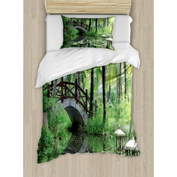 Zen Garden Duvet Cover Set Twin Size, Green Landscape in South China Palm Trees and Bushes Lush Growth Nature, Decorative 2 Piece Bedding Set with 1 Pillow Sham, Green Grey Brown, by Ambesonne