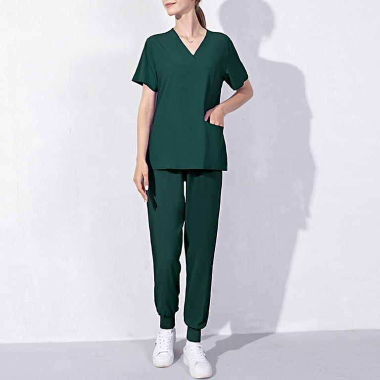 Outfmvch Two Piece Outfits For Women Sweatpants Women Short Sleeve V Neck Working T Shirts Top With Pocket Pants Set Outfit Two Piece Sets For Women Green Xl Walmart