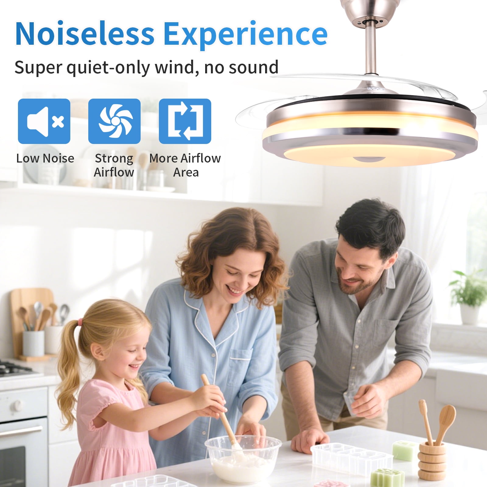 Smart Retractable Ceiling Fan with Light, 42 Inch Fandelier Remote Control, 3 Color Temperature Dimmable LED, 6 Speed Quiet Reversible DC Motor for Bedroom Living Room Kitchen