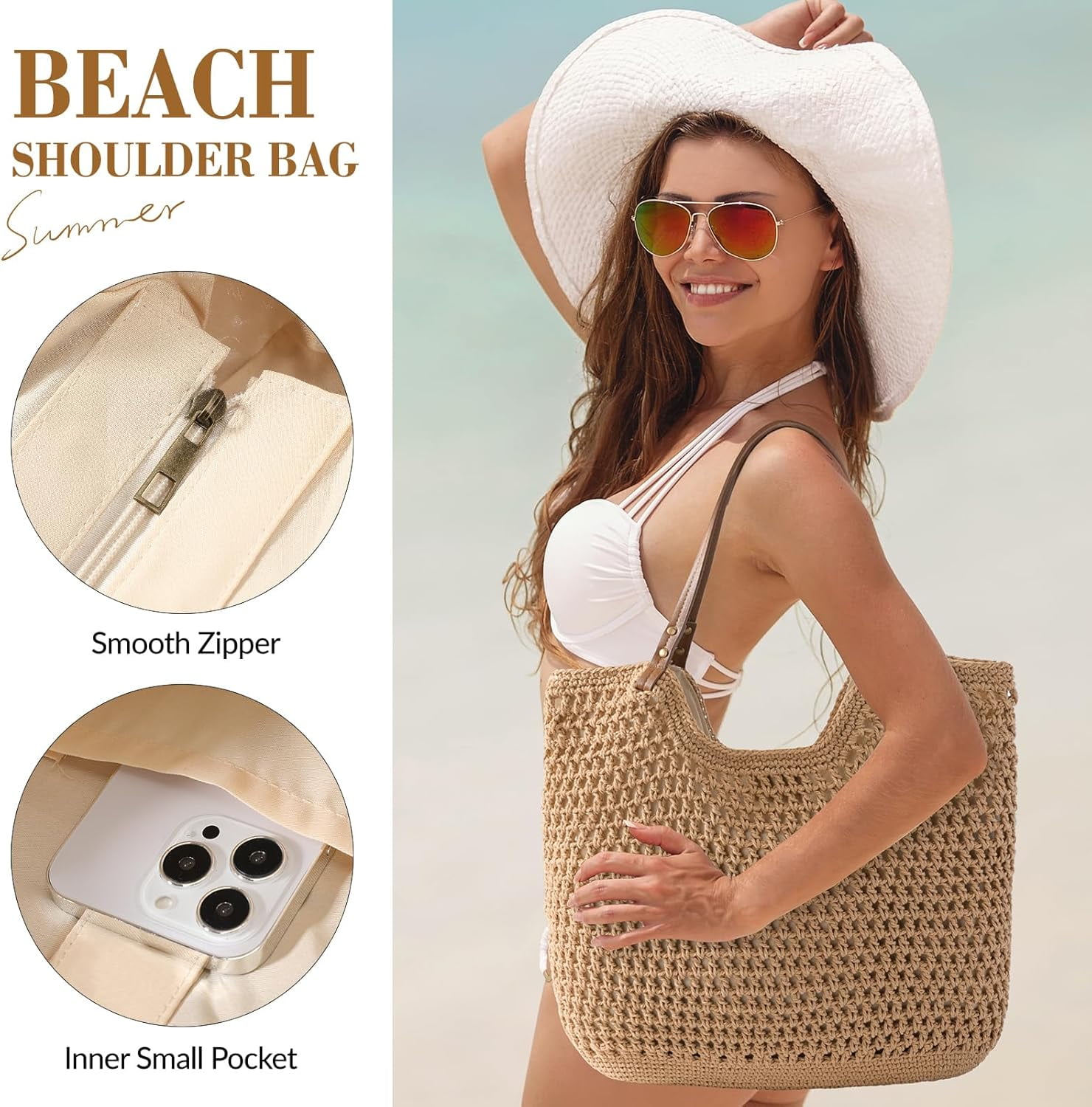 YEKEYI Crochet Beach Bags for Women, Soft Summer Tote Bag, Woven Purses Shoulder Bag for Daily & Vacation