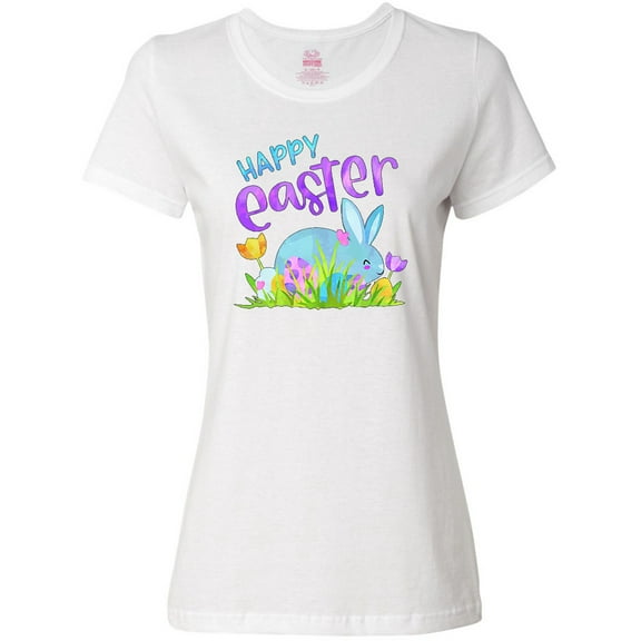 Inktastic Happy Easter Blue Bunny and Eggs in Grass Women's T-Shirt