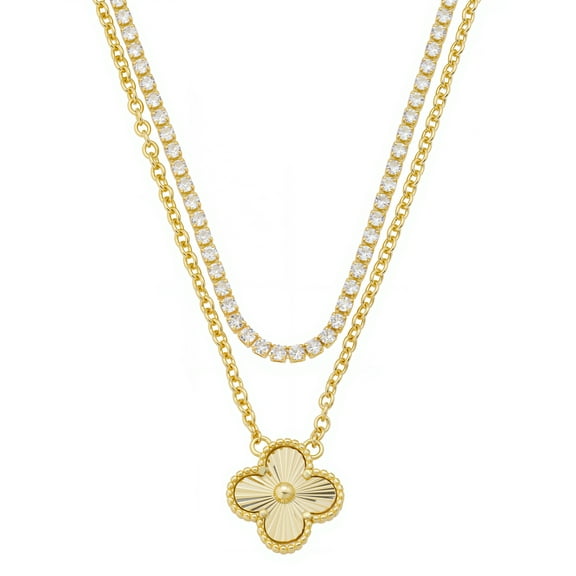 Believe by Brilliance Women's 14Kt Gold Flash Plated Clover Pendant and Cubic Zirconia Tennis Chain Layered Necklace Set, 16 2"/18 2"