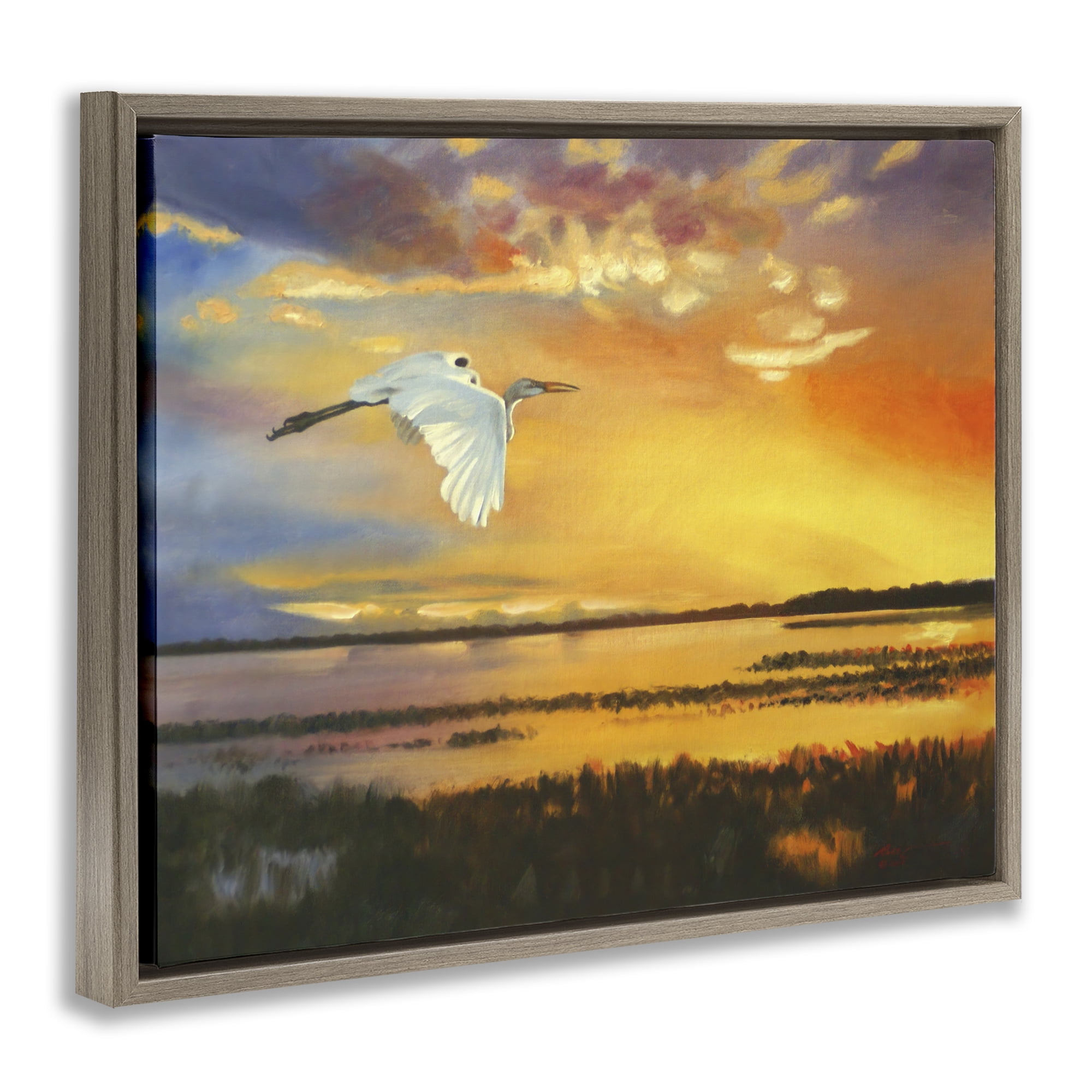 Stupell Industries Bird over Sunlit Pond Landscape Painting Brown Floater Framed Canvas Art Print Wall Art, 31 x 25