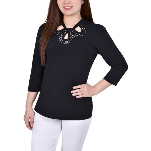 NY Collection Womens Petites Embellished Twist-Neck Blouse
