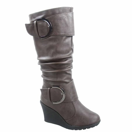 Burgundy Leather Calf Boots - Pure-65 Women's Fashion Round Toe Slouch Large Buckle Wedge Mid Calf Boot Shoes