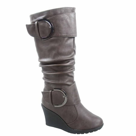 Pure-65 Women's Fashion Round Toe Slouch Large Buckle Wedge Mid Calf Boot