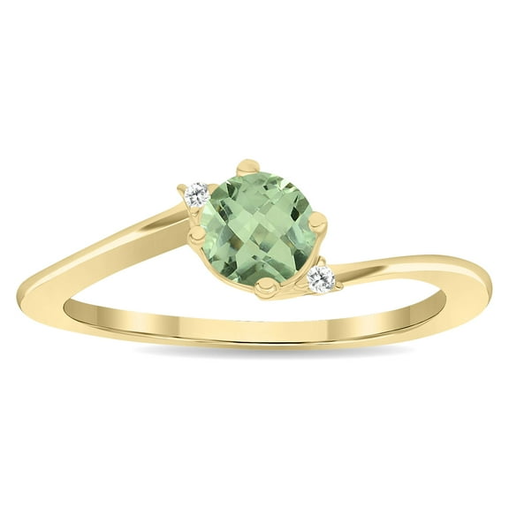 SZUL Women's Round Shaped Green Amethyst and Diamond Wave Ring in 10K Yellow Gold