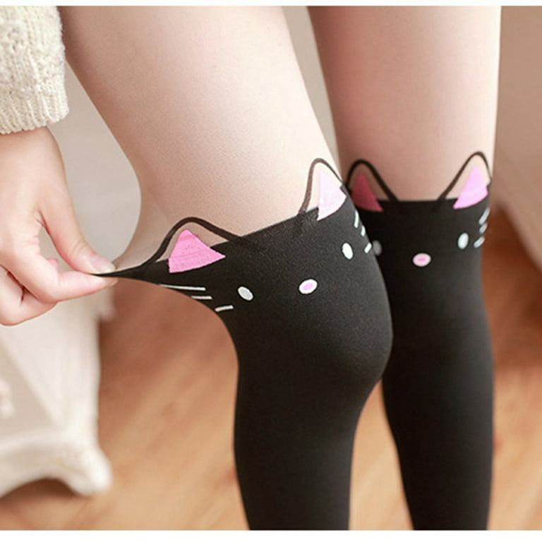 Women Cute Cartoon Animal Mock Knee High Tattoo Tights Pantyhose Socks pink  ears cat black