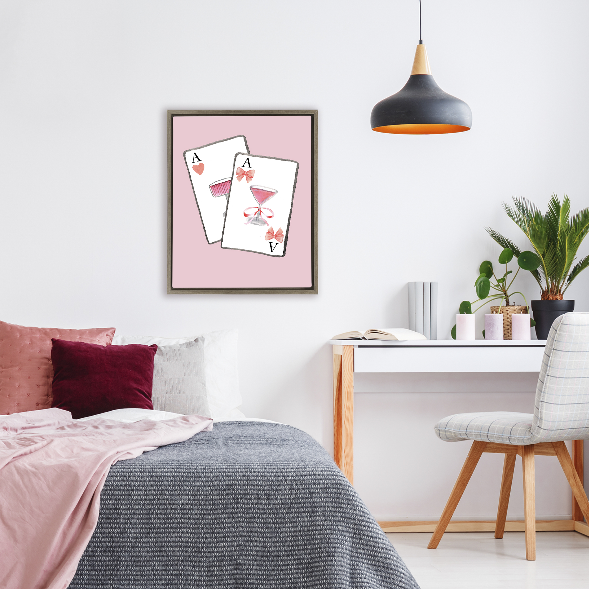Cocktail Aces Cards Brown Framed Floater Canvas Wall Art, design by Nina Jacobs