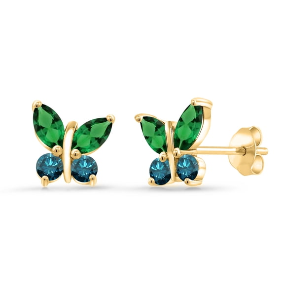 Gem Stone King 18K Yellow Gold Plated Silver Marquise Green Nano Emerald and Blue Diamond Butterfly Earrings for Women (1.20 Cttw, Gemstone May Birthstone, Center Stone: 6X3MM, Small Stones: 3MM)