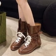 thumbnail image 2 of Ankle Booties for Women Low Heel Mid Heel Round Toe Lace Up Women Western Cowboy Flat Boxing Casual Vintage Boots Coffee 6.5, 2 of 7