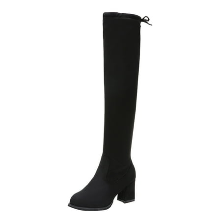 

Noarlalf Boots for Women Long Boots High Heel Boots Mid-Calf Boots Retro Shoes Flock Winter Warm Boots Knee High Boots Black 40