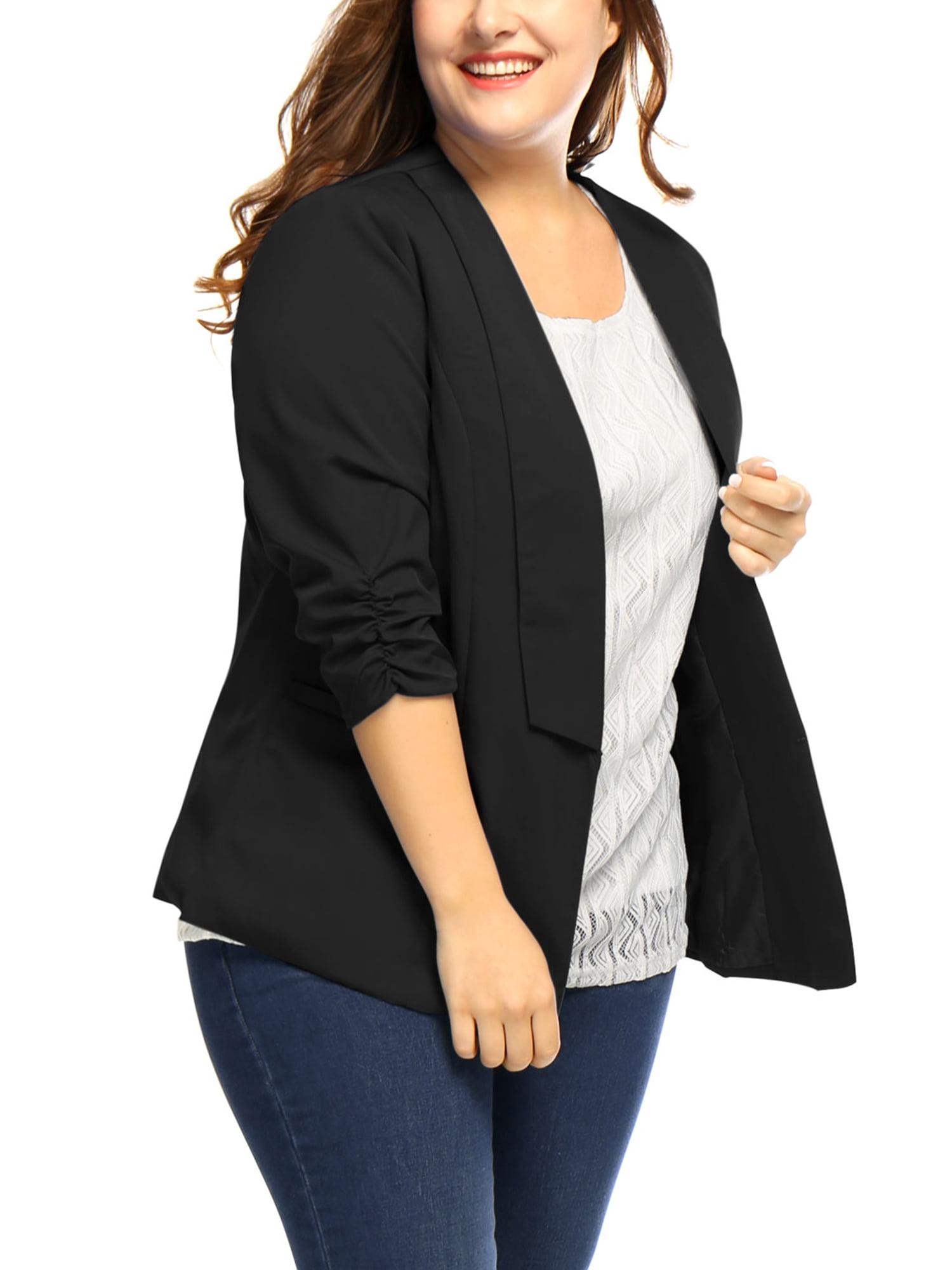 DARING DIVA Women's Plus Shawl Collar 3/4 Ruched Sleeve Blazers Black 4X