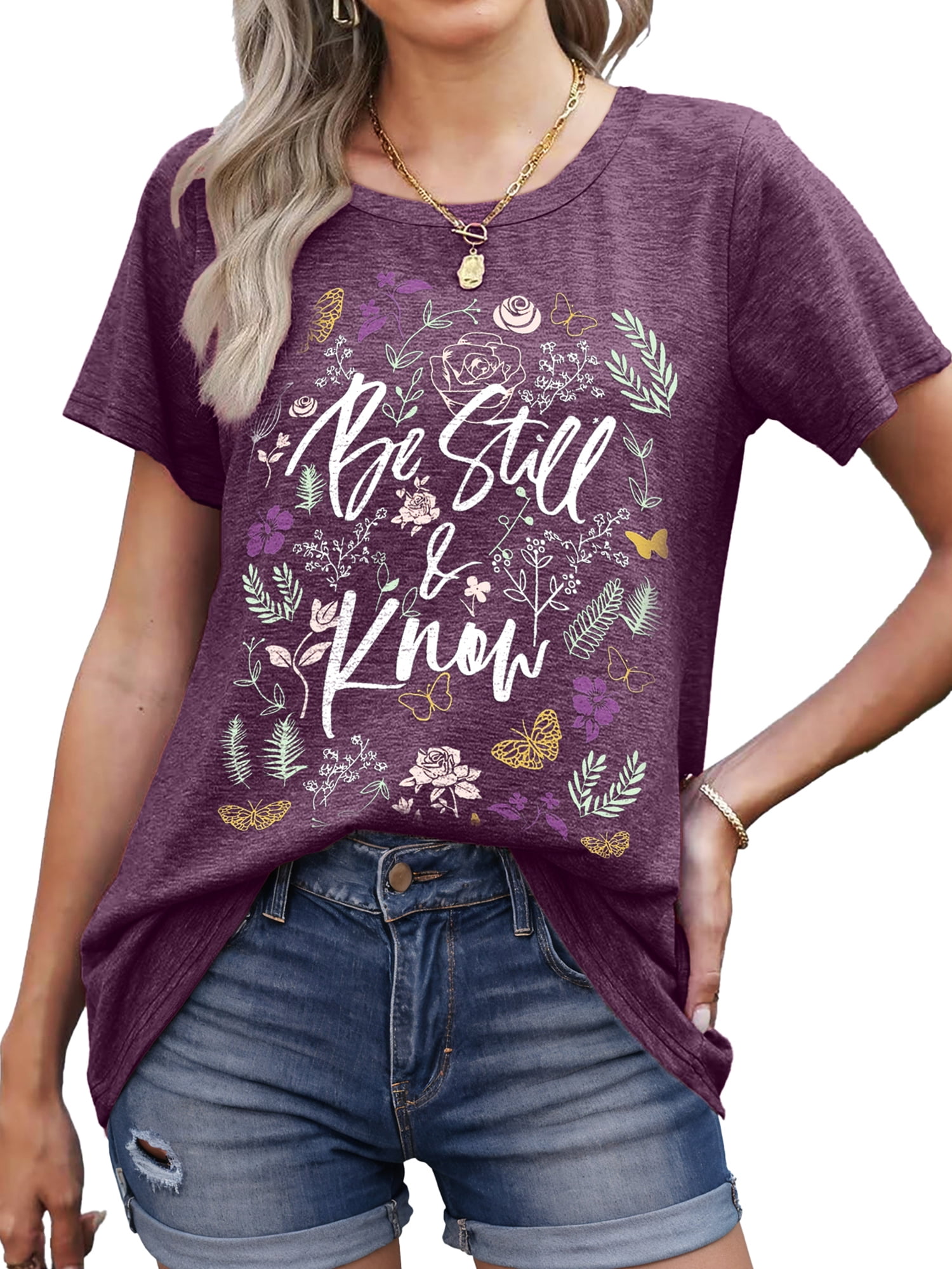 MOSHU Womens T-shirts Round Neck Shirts for Women Short Sleeve Loose Graphic Tees