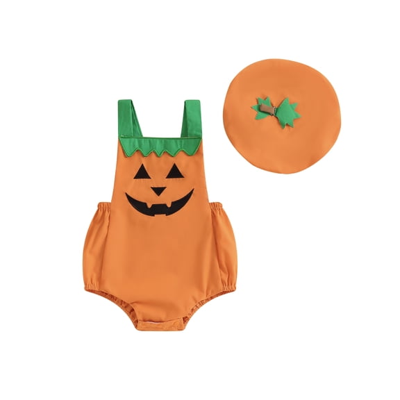 Hirigin Newborn Baby Girl Halloween Outfits Pumpkin Print Sleeveless Romper Jumpsuit and Hat 0 3 6 12 18 Months Casual Clothes Set