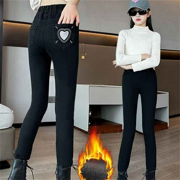 Spazoro Girls Jeans, Cute Print with Pockets Straight Leg Casual Elastic Waist Denim Pants Black Size 5-15