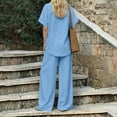thumbnail image 2 of Two Piece Lounge Sets for Women Fashion Buttons Side Slit Solid Color Round Neck Short Sleeve Tops Elastic Waist Pants Sets Lounge Sets Wide Leg Pants Sets with Pockets, 2 of 7