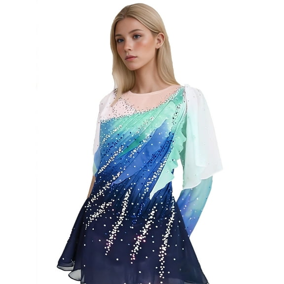 LIUHUO Custom Blue - Gradient Spandex Ice Skating Dresses for Women & Girls - High Elasticity, Ruffled with Green Accents