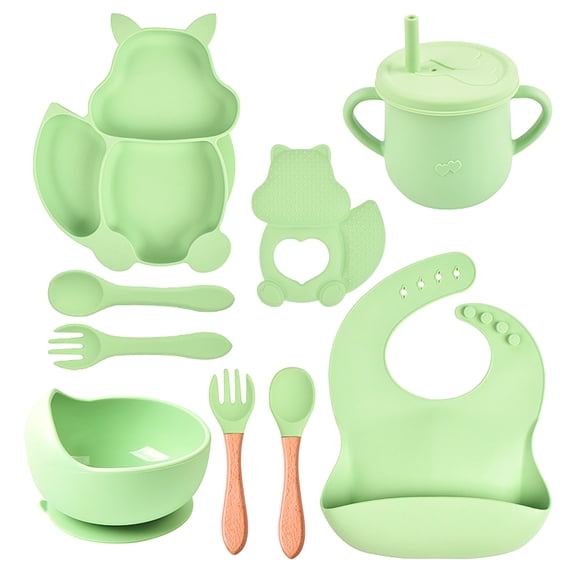 EclipseJewels 9-Piece Squirrel Themed Silicone Dining Set, Includes Divided Plate, Bowl, Bib, Straw Cup, Spoons, Forks, and Teether, Complete Feeding Kit for Beginners and Families,Green