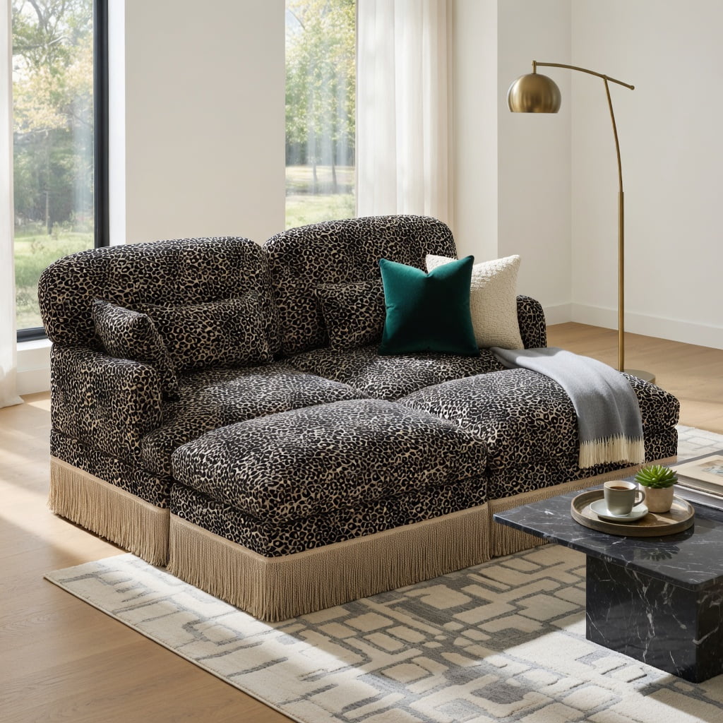 Hommoo Leopard Print Chenille Loveseat Sofa with Movable Ottomans, 2-Seat Modern Modular Couch, Tassel Trim & Ergonomic Deep Seat Design, Living Room Sofa, khaki