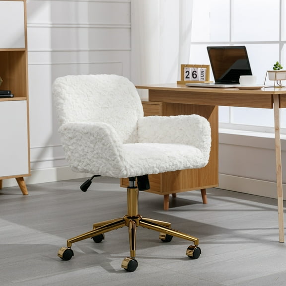MAYEERTY Artificial Rabbit Hair Office Chair - Golden Metal Base, Adjustable Swivel, Vanity Chair, Beige