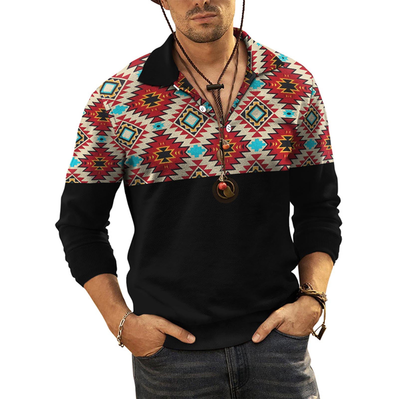 ZCFZJW Vintage Button Down Shirts for Men Ethnic Style Long Sleeve Retro  Aztec Print Button V Neck Graphic Tee Shirt Loose Regular Fit Pullover Tops  