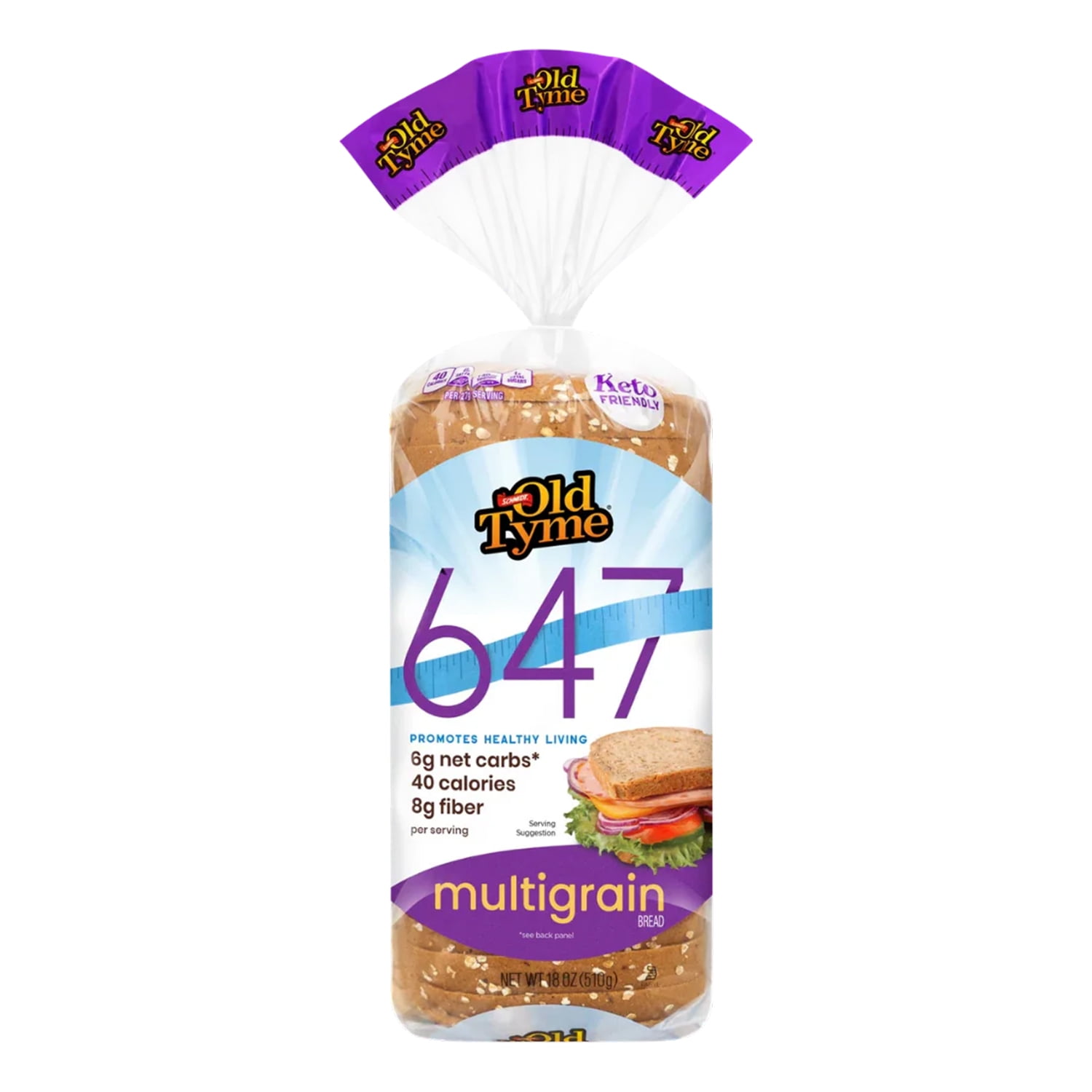 Schmidt Old Tyme 647 Multigrain Bread, Keto, Low Carb, 40 Cal, High Fiber, 18oz Loaf