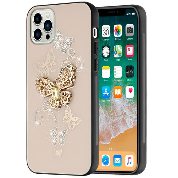 For Apple iPhone 15 Pro (6.1") Diamonds 3D Bling Sparkly Glitter Ornaments Engraving Hybrid Metal Fashion Cover ,Xpm Phone Case [ Gold Garden Butterflies ]