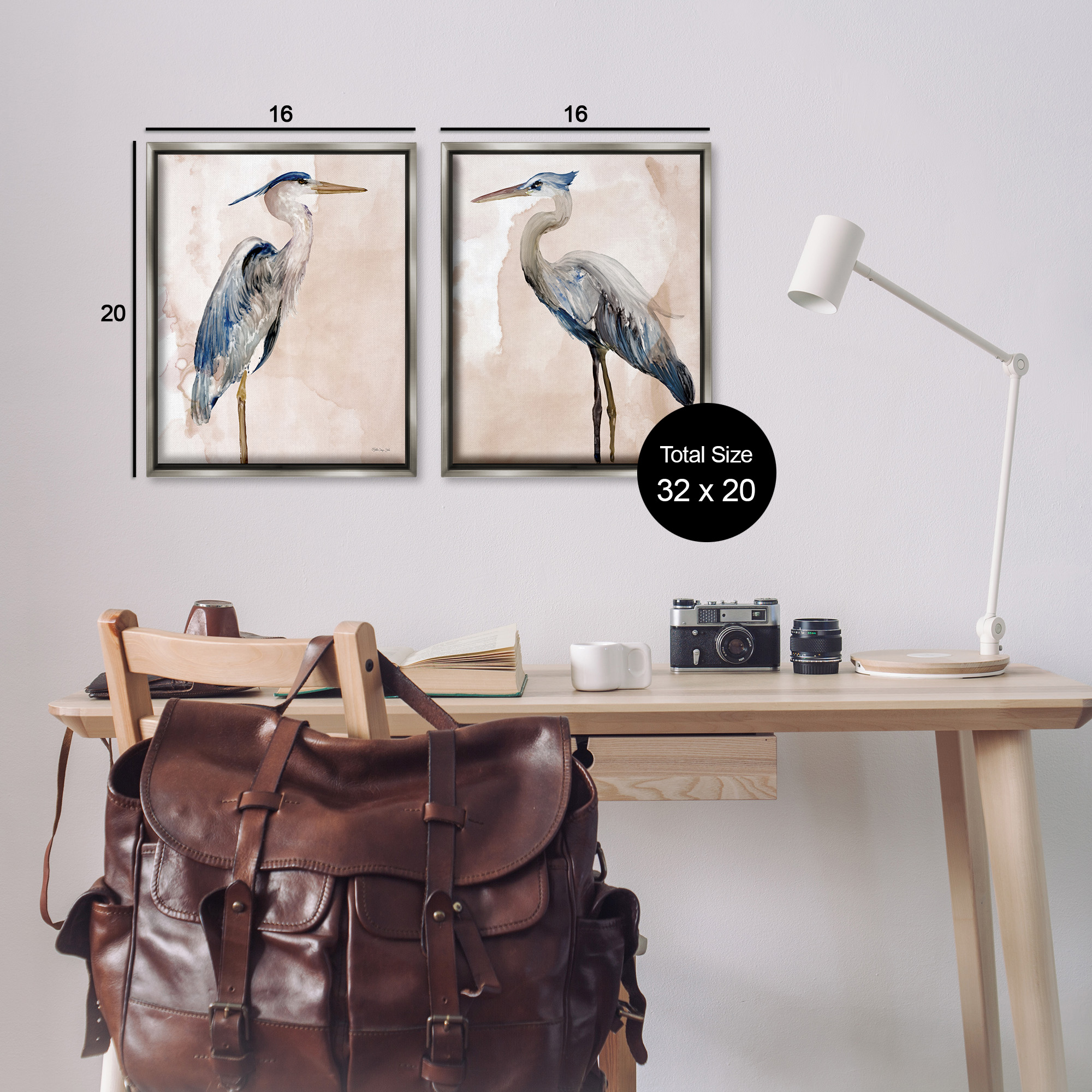 Stupell Industries Beautiful Heron Birds Standing Watercolor Animals & Insects Painting Gray Floater Framed Canvas Art Print Wall Art, 17 x 21, Set of 2