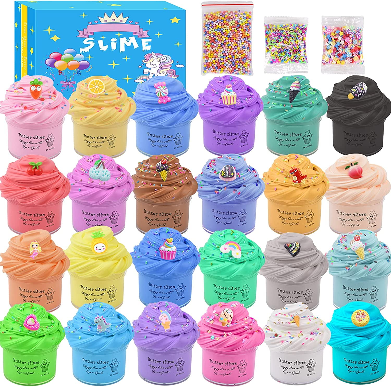 24 Pack Butter Slime Kit, with Unicorn, Fruit, Ice Cream, Animal Mini  Scented Slime Charms Suppulies, Non-Sticky & Super Stretchy，Stress Relief  Toy for Girls Boys 