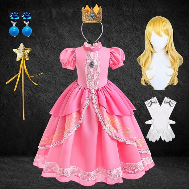 Vestido de princesa Peach para fiesta de cumpleaños de niñas, Vestido largo de encaje de manga abullonada rosa para baile de graduación, disfraz de Aurora para Halloween Fivean unisex