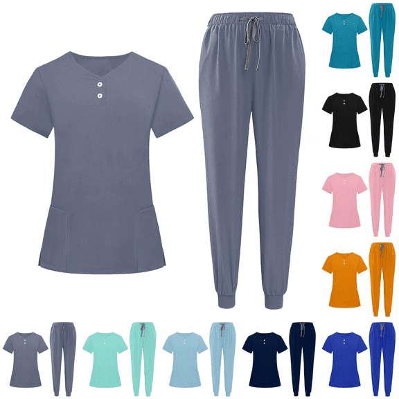 Women Scrubs Sets Jogger Medical Nurse Uniforms Stretch Petite Yoga Polyester Short Sleeve Scrub Shirt Wide Leg Uncuffed Scrub Pant Grey S