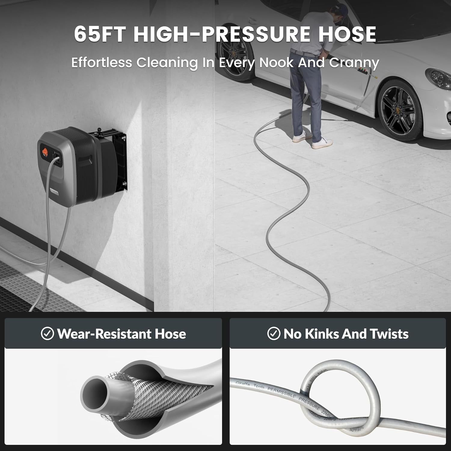 Giraffe Tools Max 2500 PSI Grandfalls Pressure Washer G20PRO with 65ft Retractable Hose Ultra-Soft Gray Hose, Wall-Mount, Bach Sliver