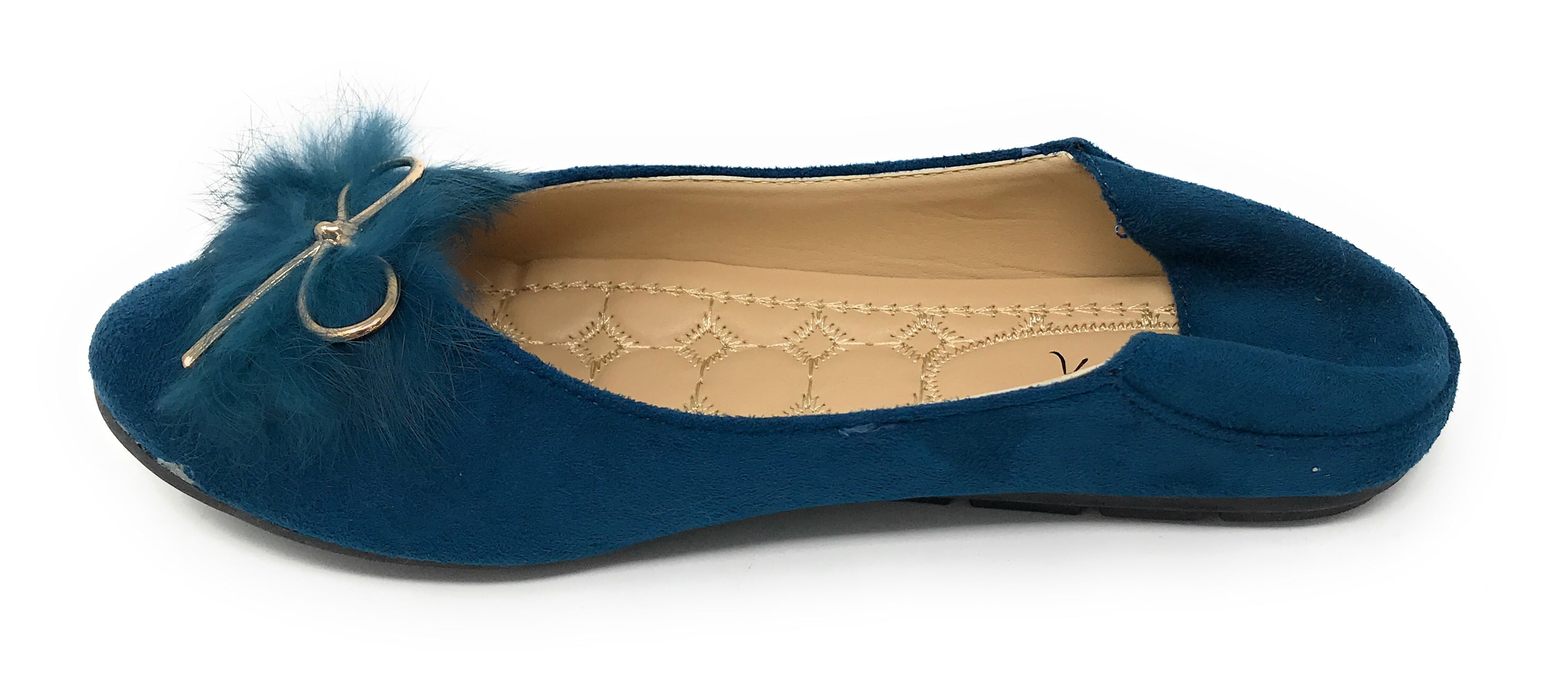 Victoria K Women's Foldover Sueded Faux Fur Gold Bow Ballerina Flats