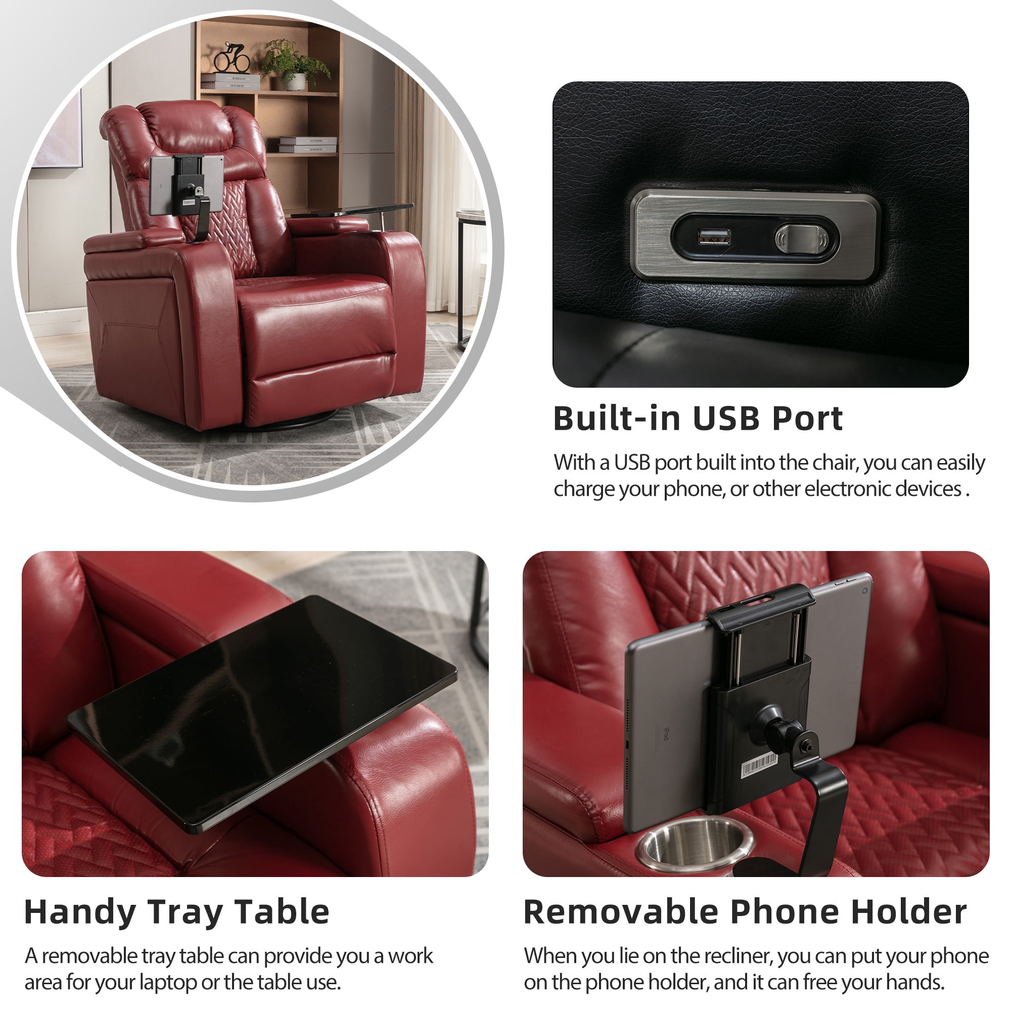 Euroco 270 Degree Swivel PU Leather Power Recliner Individual Seat Home Theater Recliner with Tray Table, Phone Holder, Cup Holder, USB Port, Hidden Arm Storage for Living Room, Red