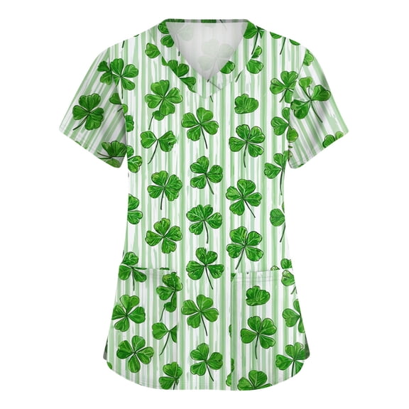 St Patricks Day Scrub Tops for Women Clover V Neck Nursing Workwear Shamrock Short Sleeve Irish Lucky Scrubs with Pockets White 2XL