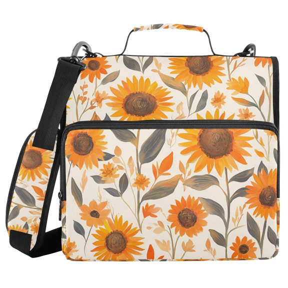 FORMRS Zipper Binder with Shoulder Strap 2-inch Ring 500 Sheet Capacity File Bag, Watercolor Sunflowers and Leaves