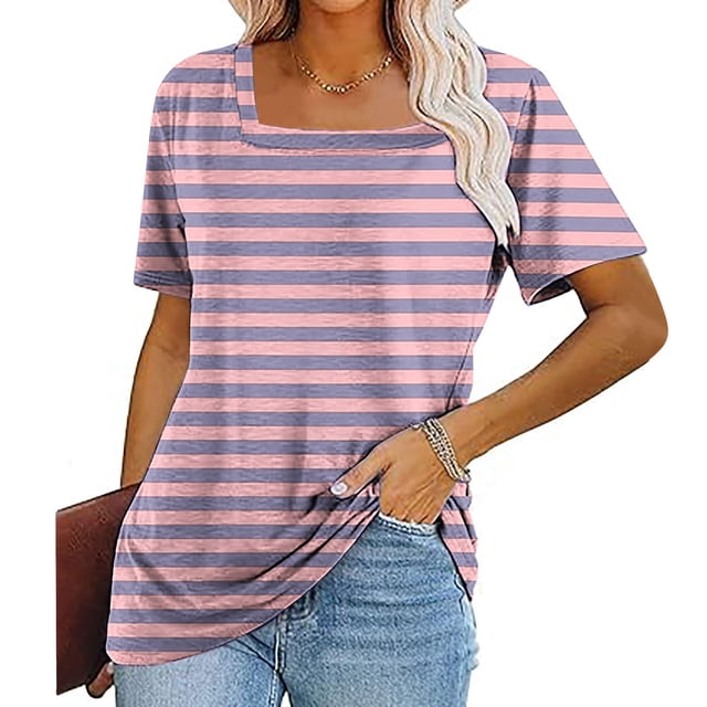 Fiudx Ropa de Mujer Top de Manga Corta con Cuello Stripecolor para Mujer Top con Cuello de Manga Corta