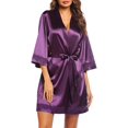 thumbnail image 3 of Women's Lace-Trim Kimono Style Short Satin Robe Sleepwear with 3/4 Sleeve, 3 of 6