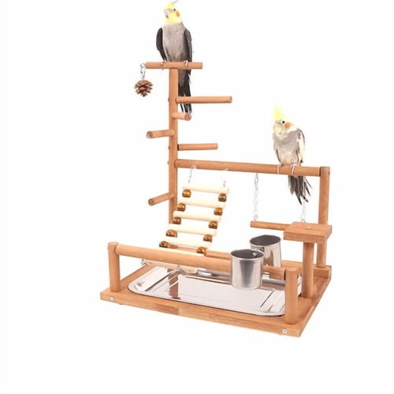 Colourtree Bird Playground - Natural Wooden Perches Parakeet Ladder Conure Swing Bird Cage Accessories with Removable Tray & 2 Stainless Steel Cups