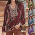thumbnail image 7 of nerohusy Velvet Top for Women Boho Velvet Tops Vintage Floral Print Blouse Lantern Long Sleeve V Neck Shirts Casual Loose Tunic Blue,S, 7 of 7