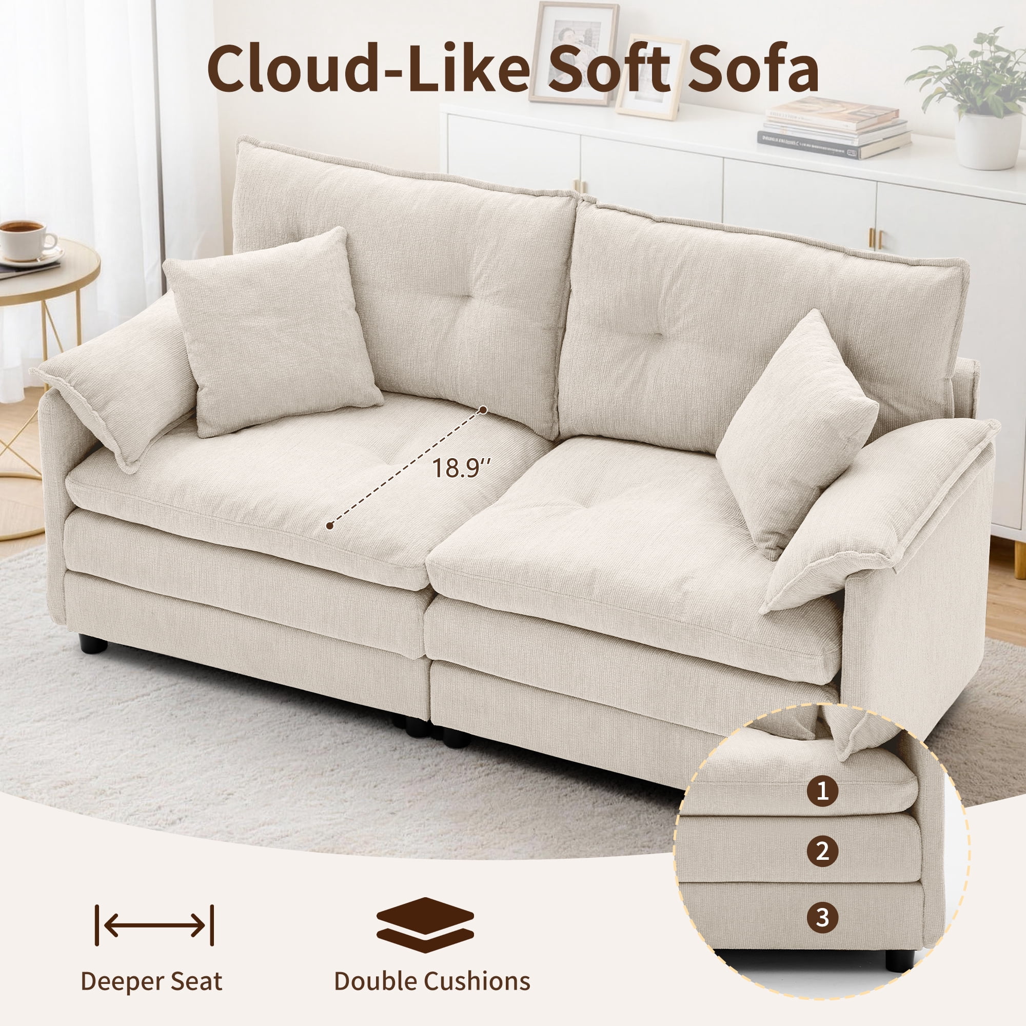 Korser Loveseat Sofa with Deep Seat Cloud Couch with 2 Pillows,Chenille 2-Seater Sofa Small Couch for Living Room,Assembly Required,Beige