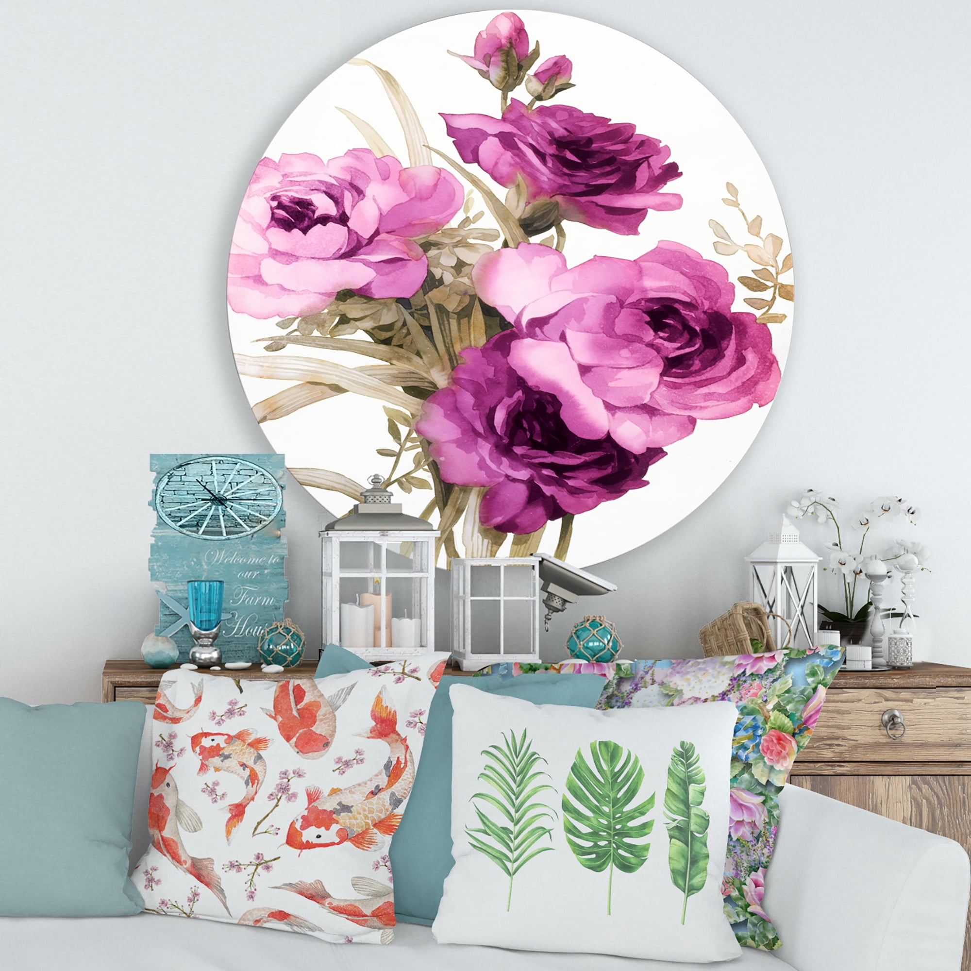 Designart 'Bouquet of Dark Pink Roses' Traditional Circle Metal Wall Art 29x29 - Disc of 29