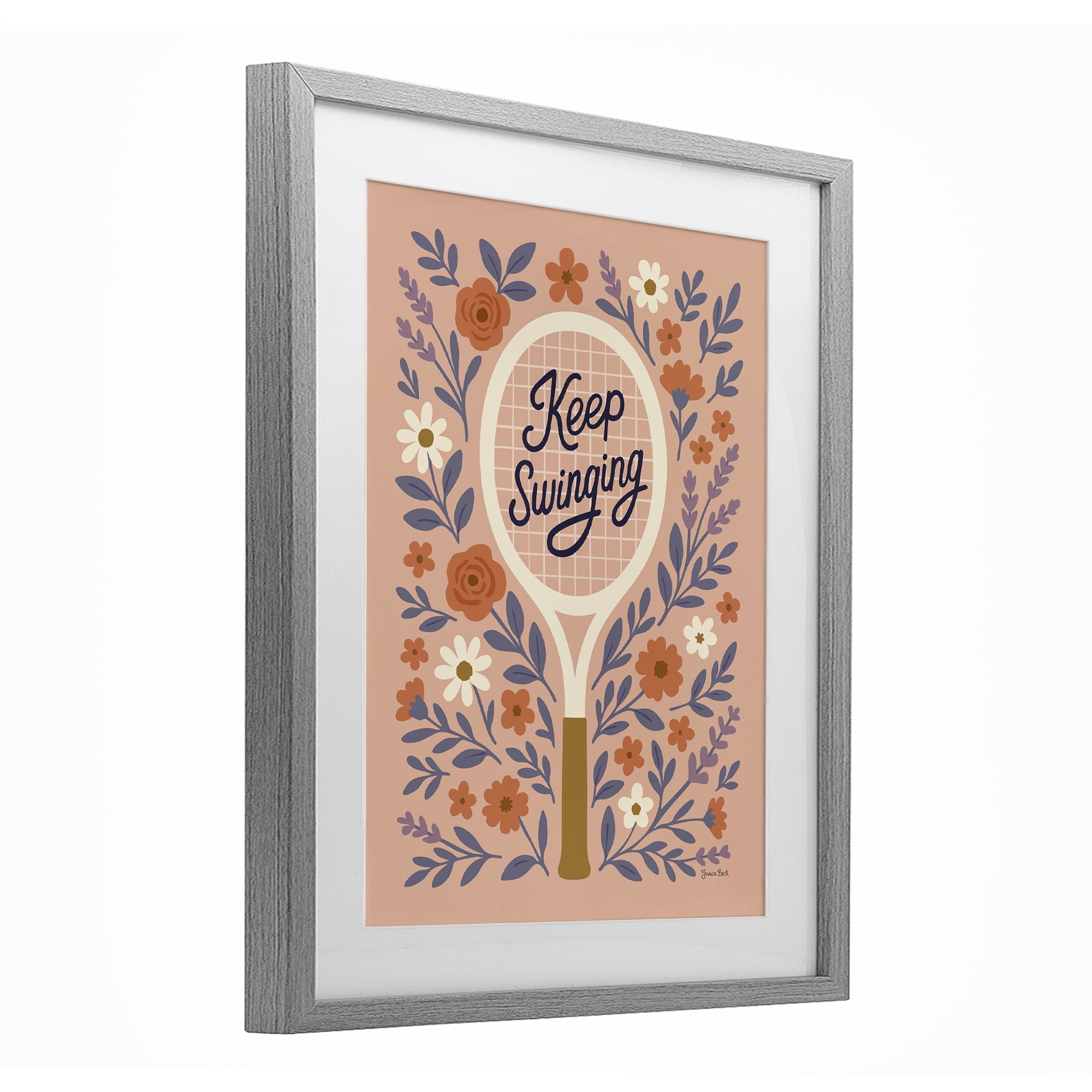 Stupell Industries Keep Swinging Floral Tennis Gray Framed Print Under Glass, design by Jessica Beck