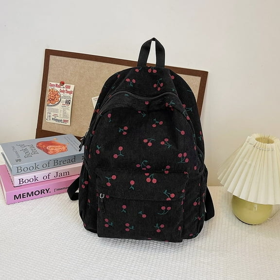 Yucurem Corduroy Backpack Cherry Pattern Women Laptop Backpack Adjustable Strap School Bag Zipper Rucksack for Work Shopping School (Black)