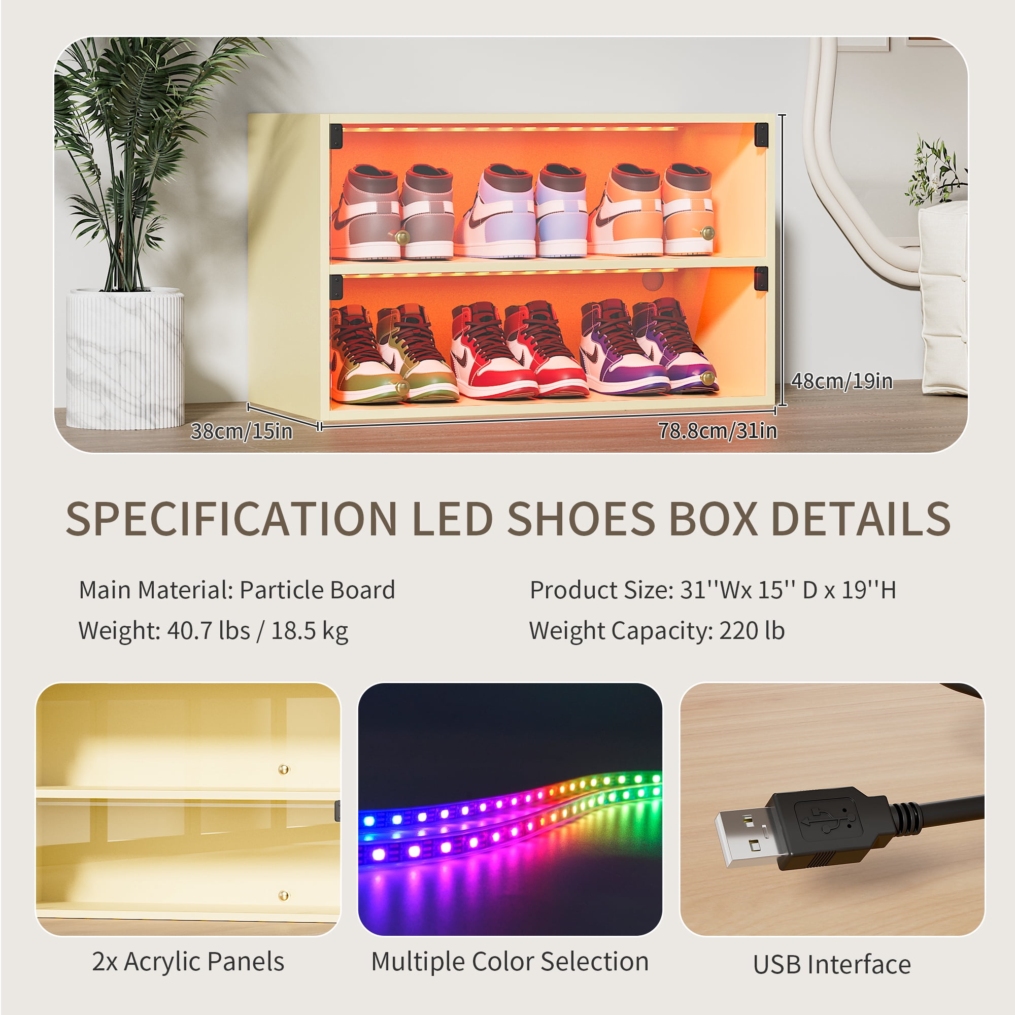 OUDOSPRS Stackable LED Sneaker Display Cabinet for 6 Pairs of Shoes, 2 Layers Shoe Rack with Thick Acrylic Door, Clear Shoe Boxes Sleek Wooden Showing Shoe Rack for Space Saving, White