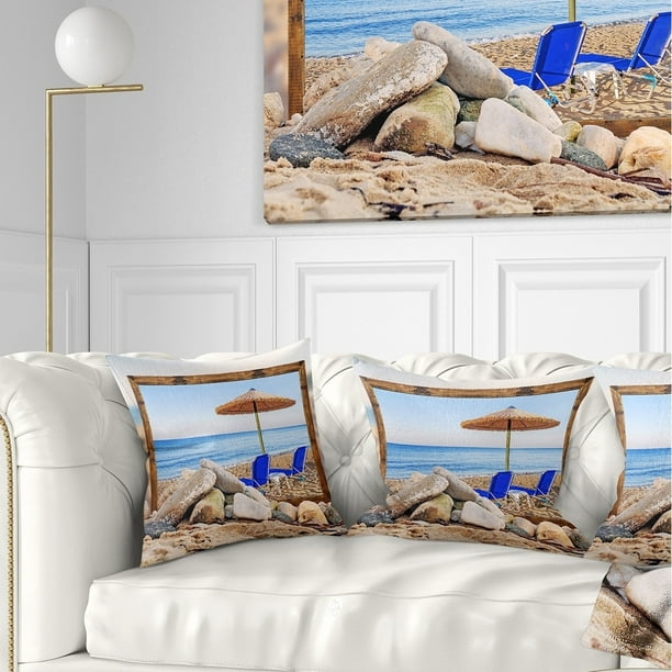 Design Art Designart Framed Effect Beach With Chairs Umbrella Seashore Photo Throw Pillow Walmart Com Walmart Com