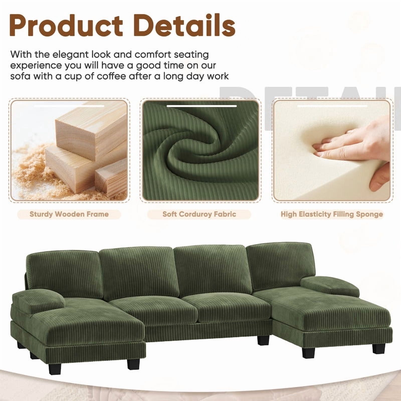 Furmax U Shaped Sectional Sofa Couch with Double Chaise for Apartments,Corduroy Green